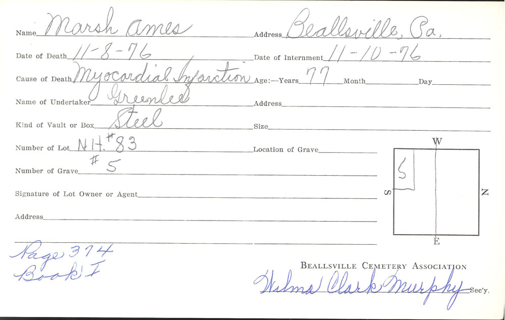 U. Marsh Ames burial card
